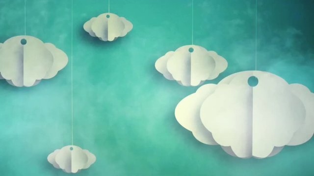 Paper origami clouds cinemagraph with smoke in background. 