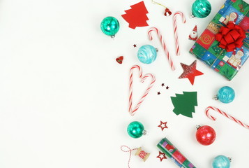 Christmas composition background from decorations on white background .  Xmas  of New Year's Christmas balls. Creative Winter holiday concept.Flat lay. Top view. Copy space
