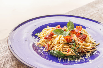 Hot Spaghetti on wooden table