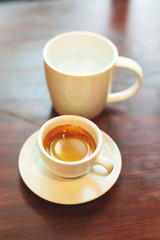 Hot coffee on wood background.