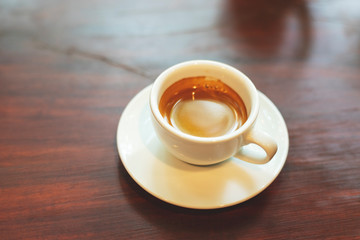 Hot coffee on wood background.