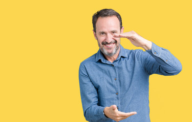 Handsome middle age elegant senior man over isolated background gesturing with hands showing big and large size sign, measure symbol. Smiling looking at the camera. Measuring concept.
