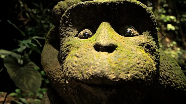 Close up of carved monkey face in stone statue in tropical jungle of Ubud in Bali 
