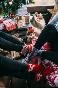 Group of friends spending time together at home for Christmas