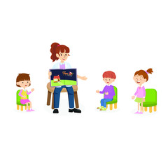 Teacher telling a fairly tail story about Santa clause with the group of school kids in Christmas holiday. Vector for nursery school students and classroom teaching learning concept.