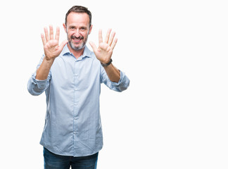 Middle age hoary senior business man over isolated background showing and pointing up with fingers number ten while smiling confident and happy.