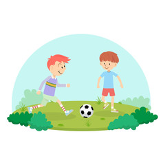 An action sport vector of a group of kids playing soccer football for exercise in school playground.