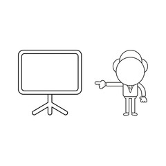 Vector illustration of businessman character pointing blank presentation chart. Black outline.