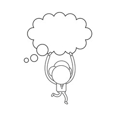 Vector illustration of businessman character running and carrying thought bubble. Black outline.
