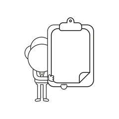 Vector illustration of businessman character holding clipboard with blank paper. Black outline.