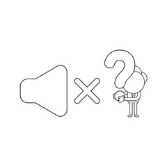 Obraz premium Vector illustration of businessman character with sound off symbol and holding question mark. Black outline.