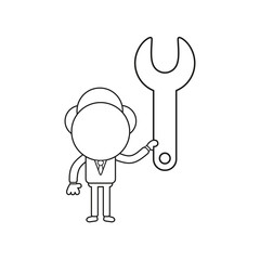 Vector illustration of businessman character holding spanner. Black outline.