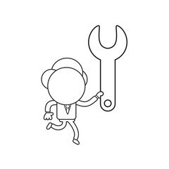 Vector illustration of businessman character running and carrying spanner. Black outline.