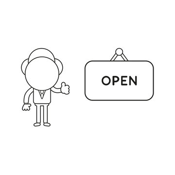 Vector illustration of businessman character with open hanging sign and showing thumbs-up. Black outline.