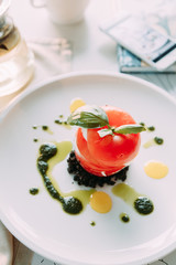 Desserts for the menu with decor. Restaurant dishes with a beautiful serving.