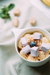 Desserts for the menu with decor. Restaurant dishes with a beautiful serving.