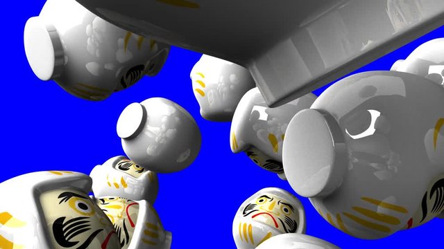 White daruma dolls on blue chroma key.3DCG render animation.