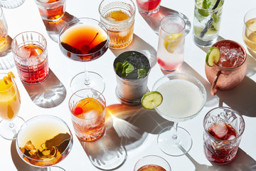 Arrangement of delicious cocktails served in glassware