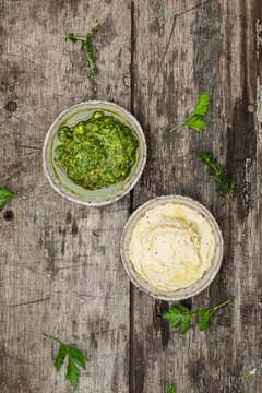 pesto dip on rustic background