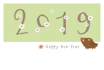 2019年 亥年　猪と梅の花の可愛い年賀状