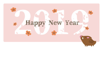 2019年 亥年　猪と梅の花の可愛い年賀状
