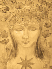Female buddha with lotus flowers in sepia tones. The dabbing technique near the edges gives a soft focus effect due to the altered surface roughness of the paper...