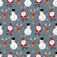 Christmas holiday seamless pattern of Santa Claus with reindeer wearing a red scarf and snowman wearing a black hat on a gray background with snowflakes. Vector illustration. 