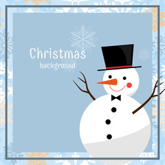 Christmas holiday banner of snowman wearing black hat and bunny ears on light blue background with snowflakes frame for your copy space. Vector illustration.