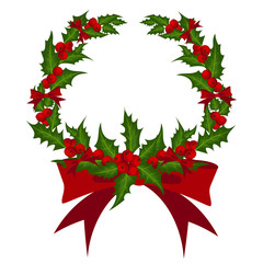 Christmas wreath decorated with holly branch and ribbon.