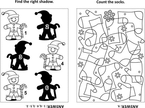 Two visual puzzles and coloring page for kids. Find the right shadow for each picture of gingerbread man. Count the socks. Black and white. Answers included.