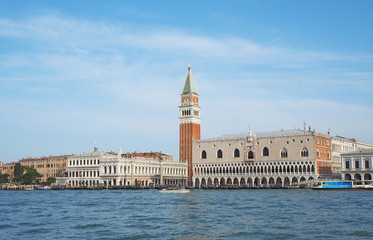 Fototapeta na wymiar Venice, Italy. Amazing landscape of the San Marco square and Riva degli Schiavoni from the boat