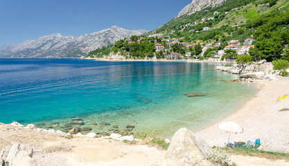 beautiful beach in Brela on Makarska riviera, Dalmatia, Croatia - obrazy, fototapety, plakaty