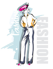 Fashion girl Sketch. Stylish fashion model. Pretty young girl.