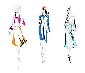 Sketch. Fashion Girls on a white background. Vector illustration