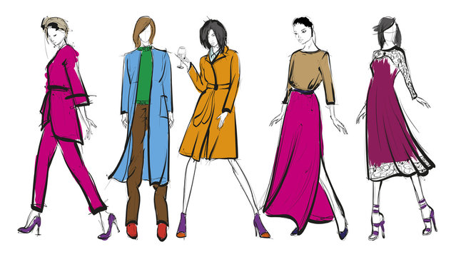 Sketch. Fashion Girls on a white background. Vector illustration