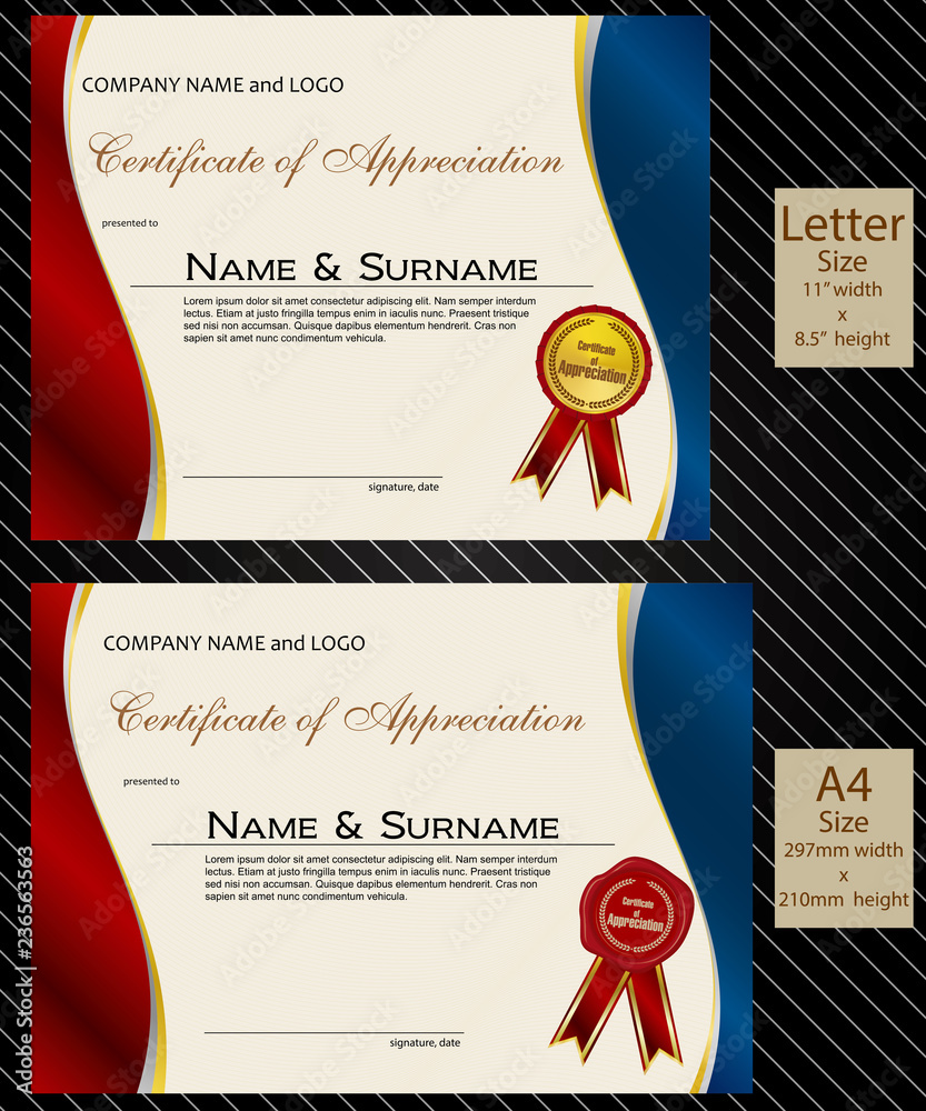 Wall mural 2 sizes of Certificate of Appreciation with laurel wreath wax seal and ribbon