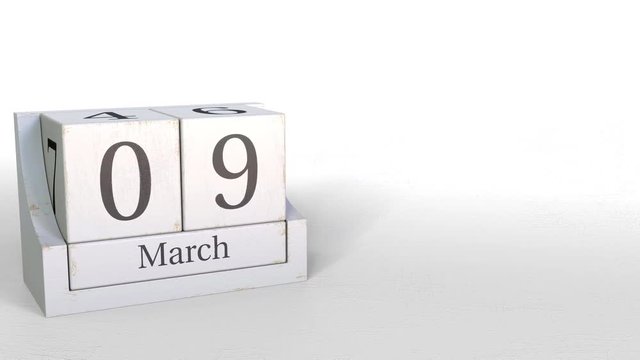 March 9 date on retro blocks calendar, 3D animation