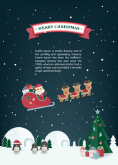  Christmas Flat vector with Santa claus, reindeer sleigh in winter village. Christmas greeting card.