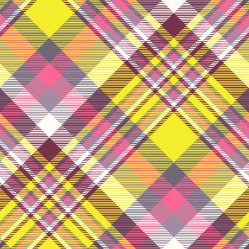 Madras plaid pattern in purple, pink, yellow and white