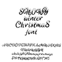 Fototapeta na wymiar Christmas snowy alphabet. Holiday font with snow. Handdrawn letters and numbers. Vector illustration