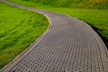 Stone path in the park and green lawn.