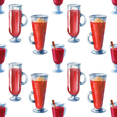Watercolor mulled wine seamless pattern
