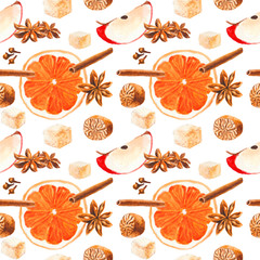 Watercolor ingredients for mulled wine, seamless pattern