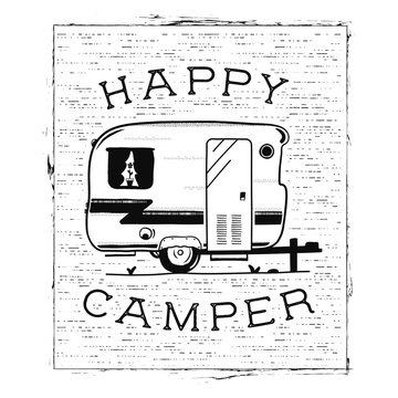 Mobile recreation. Happy Camper trailer in sketch silhouette style. Vintage hand drawn camp rv. House on wheels. Travel Transport emblem. Stock isolated on white background