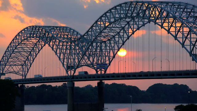 Sunset view of the New Bridge a Multi lane Highway in Southern Tennessee on Interstate 40 across the Mississippi River USA 