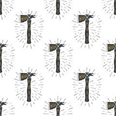 Camping axes cross pattern. Lumberjack equipment seamless. Hike more text inside. Stock wallpaper illustration