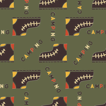 Camping boot seamless pattern. Mixed flat with disstressed style. Simple hiking equipment design. Stock wallpaper background isolated on green.