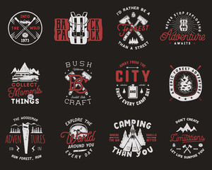 Travel Badges Set. Camping logos with hiking icons and symbols. Vintage adventure emblems collection. Included mountains, tents, forest elements. Stock isolated on dark background