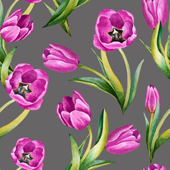 Fototapeta premium Illustration of watercolor hand drawn pattern with pink tulip flowers. Romantic floral Summer or Spring background. Wedding invitation, postcard. Textile. Japanese style. Vintage, Retro.