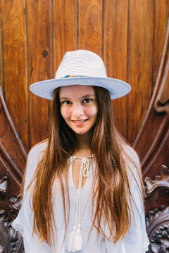 Wonderful young traveler posing romantically